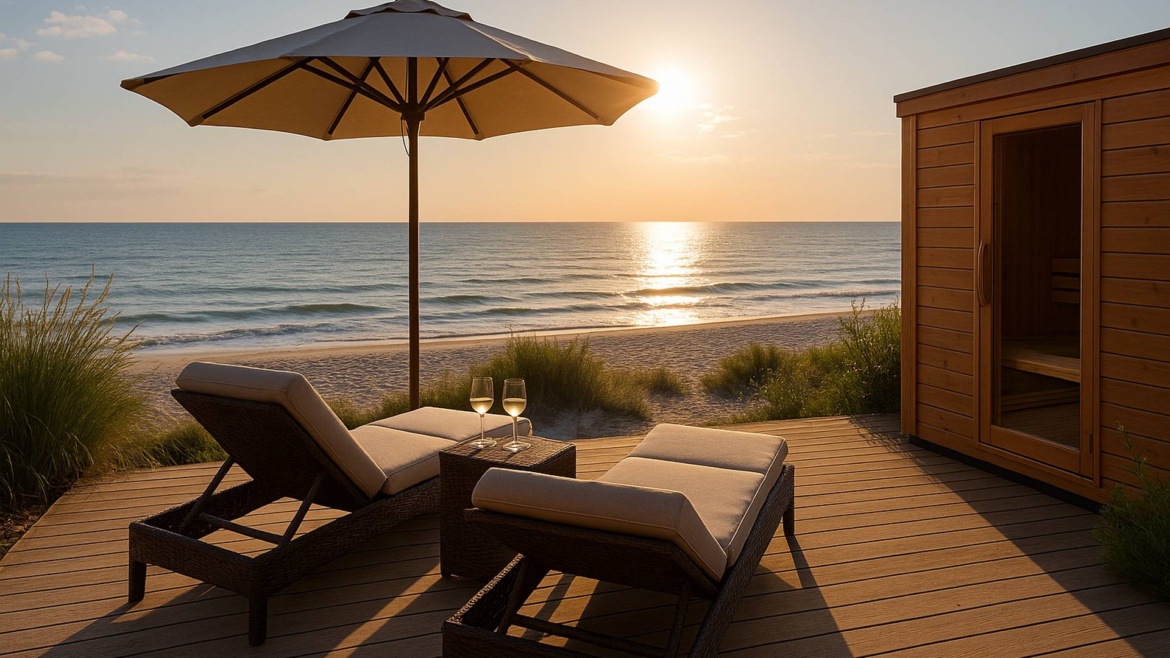 Apartament z basenem nad morzem i wewnętrzną bawialnią SPA